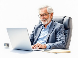 Senior man working on laptop. For business themes, technology concept, modern lifestyle, working from home.