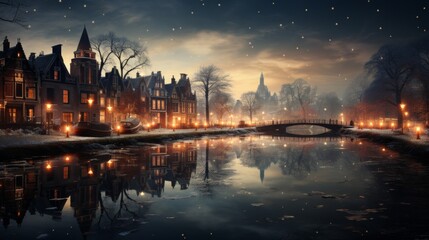 Obraz premium A city scene with a bridge and a river. The city is lit up at night, creating a warm and inviting atmosphere