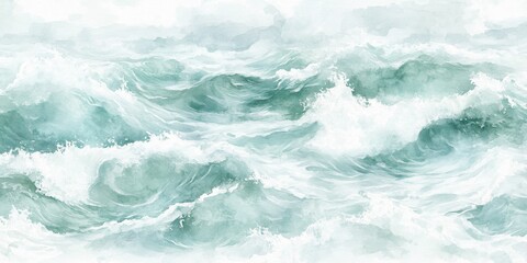 Obraz premium A large body of water with waves crashing against the shore. The mood of the painting is calm and serene, with the water appearing to be still and peaceful