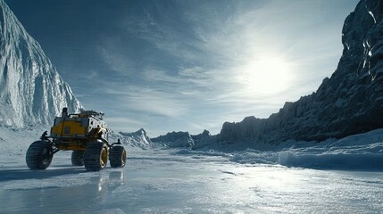 Robotic rover traversing icy, mountainous terrain under a bright sun.