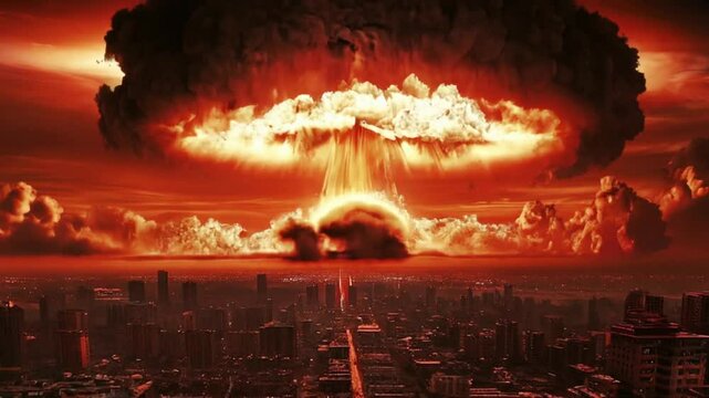 Dramatic nuclear explosion over a city skyline creates a stunning yet terrifying visual spectacle at dusk