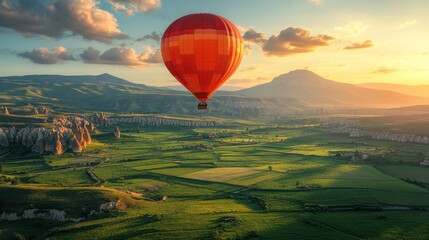 Obraz premium A vibrant hot air balloon floats over a lush green landscape at sunset.