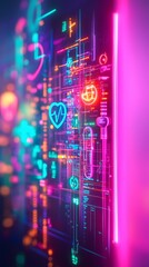 Obraz premium Health info, patient and management concept: Colorful holographic health metrics in a clean, clinical environment, digital wellness.