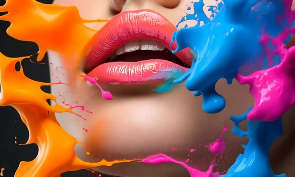 Close-up of a model's lips with colorful makeup accents.