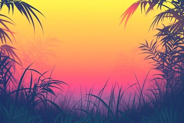Obraz premium A yellow and pink background with a green and brown foreground. The foreground is a jungle with tall grass and trees