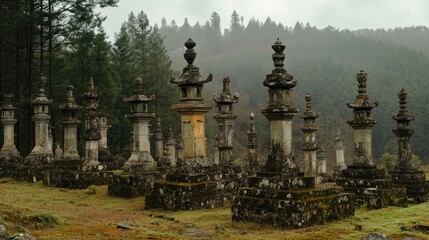 Fototapeta premium Row of weathered stone lanterns in a misty forest.