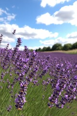 Obraz premium Sunny lavender field with vibrant purple flowers, golden sunlight, and tranquil sky