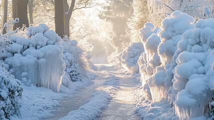 Winter road in snowy forest, illuminated by soft golden light of dawn.