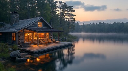 Fototapeta premium Log Cabin Lakeside Sunset Serene Peaceful Escape