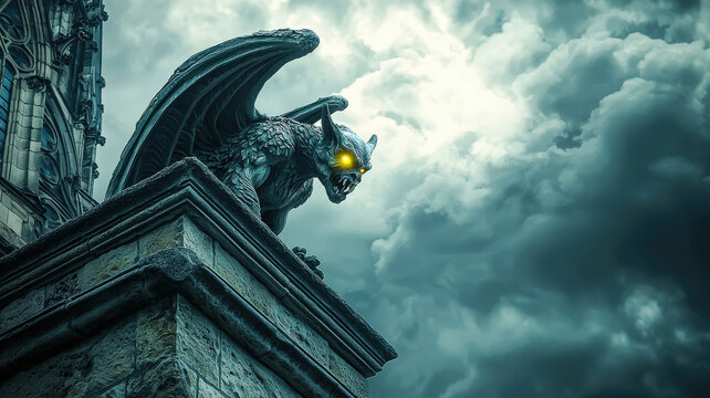 A massive stone gargoyle with glowing eyes perches ominously on a gothic church, surrounded by swirling storm clouds, creating a dramatic and haunting atmosphere in the twilight sky.