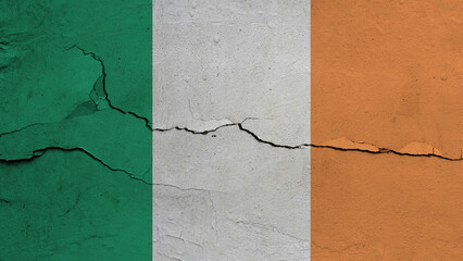 Ireland flag on cracked wall background, flag with crack line