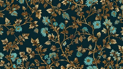Floral botanical blackberry vines seamless repeating wallpaper pattern- serene gold and pale turquoise version Generative AI