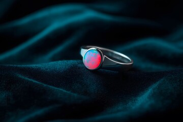 Ring jewelry, trendy and unique concept: Minimalist silver ring with a floating opal on a black velvet backdrop.