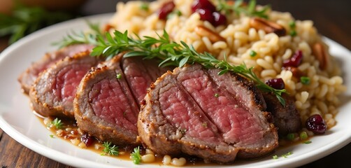 Herbed Beef Tenderloin with Holiday Rice and Fresh Herb Garnish