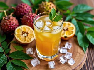 Fototapeta premium Refreshing Iced Tropical Fruit Drink with Ice Cubes