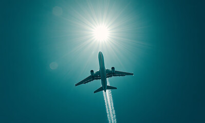 Naklejka premium Realistic white airplane flying in a blue sky with the sun, stock photo contest winner.