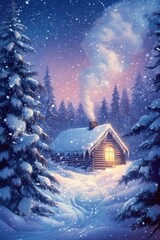 Fototapeta premium Winter wonderland with cozy cabin and snow-covered pine trees