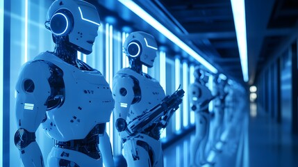 Fototapeta premium Advanced Robots Stand in a Futuristic Corridor