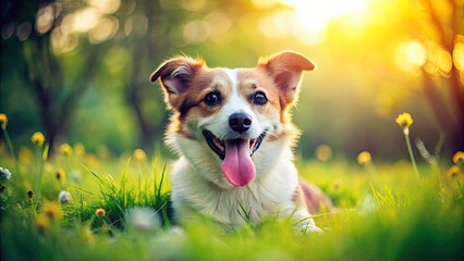 Cute Dog Spring Meadow Tilt-Shift Photo, Funny Puppy Grass, Rolling Eyes Tongue Out, Sunny Day Portrait