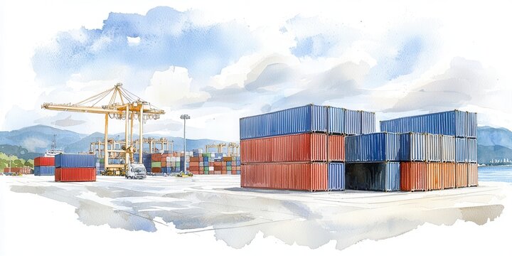 Container handling operations at port industrial environment watercolor art