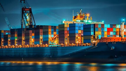 Large Cargo Ship Illuminated at Night, Anchored at a Busy Port, Showcasing Stacked Containers and Dock Lighting on Calm Waters