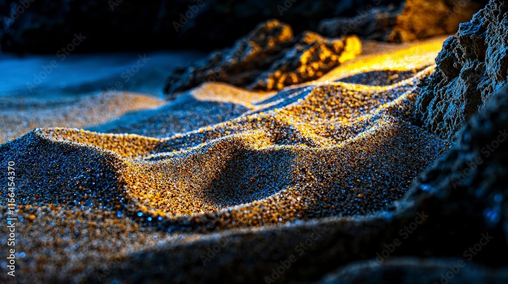 Poster illuminated sand patterns at a beach cove nature scene closeup view tranquil environment art concept