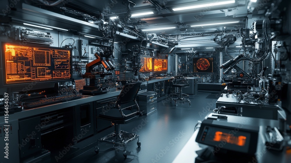 Poster Futuristic science lab showcasing advanced technology and glowing monitors high-tech environment immersive viewpoint