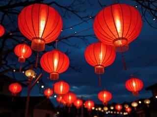 Illuminated Red Lanterns Hanging Outdoors at Night Festive Asian Celebration