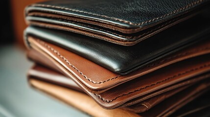 A stack of minimalist leather wallets in black, brown, and tan, each featuring sleek and simple designs