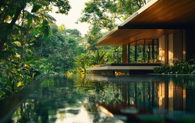 Obraz premium Modern house with swimming pool nestled in lush tropical jungle greenery