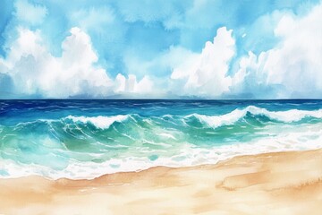 Fototapeta premium A painting of a beach with a large wave crashing into the shore. The sky is blue and the water is blue. The mood of the painting is calm and peaceful
