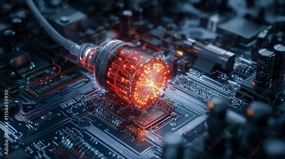 Fototapete quantum cryptography device computer circuit digital art technology lab close-up innovation in secur