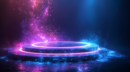 Glowing cosmic podium with orbiting rings of pulsating light 