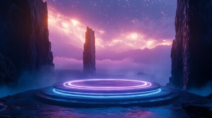 Glowing cosmic podium with orbiting rings of pulsating light 