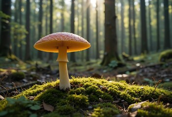 Fototapeta premium Forest Mushroom Growing In Mossy Sunlight