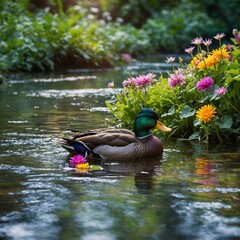 A radiant, multicolored duck gliding on a crystal-clear forest stream surrounded by lush greenery and vibrant flowers.