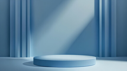 a minimalist, monochromatic scene with a single, circular platform positioned in the center of the frame. The platform is rendered in a soft, light blue hue, echoing the color of the surrounding walls