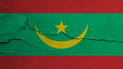 Mauritania flag on cracked wall background, flag with crack line
