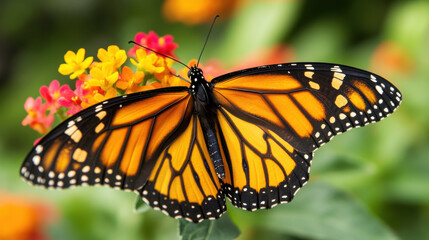 Vibrant Monarch Butterfly Resting on Colorful Flowers in a Lush Garden Environment, Showcasing Nature's Beauty and Intricate Details of Wings