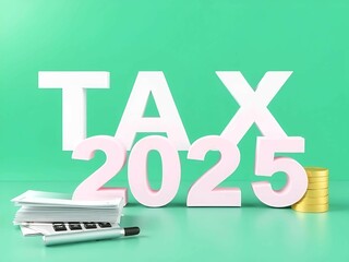 Text Tax 2025 on the calculator and taxes documents. Business and Annual tax concept.