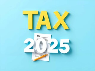 Text Tax 2025 on the calculator and taxes documents. Business and Annual tax concept.