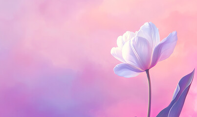 Obraz premium Beautiful white tulip in a soft pink and purple fog background. Photorealistic and detailed.