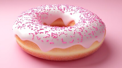 Deliciously Glazed Donut 3D Render: Pink Sprinkle Delight on Soft Pink Background. AI Generated