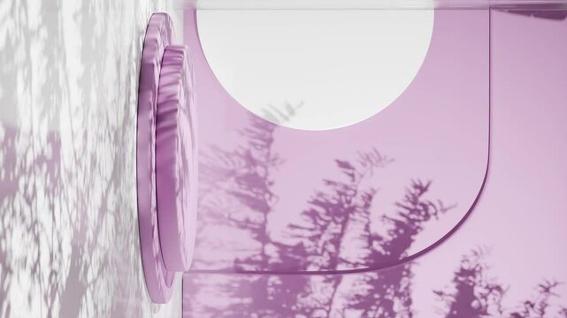 Minimalistic pink podium with abstract circular background and natural tree shadows. Modern product display stand concept. Design for banner, poster, wallpaper, and header vertical