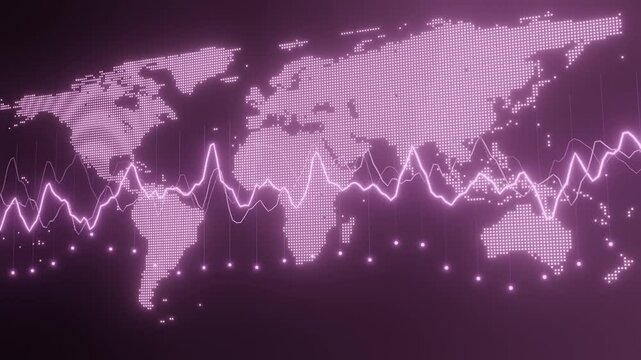 world map in digital dotted style with dynamic glowing pink data lines on a dark background. Abstract technology and global analytics concept. Design for banner, header, poster, and wallpaper