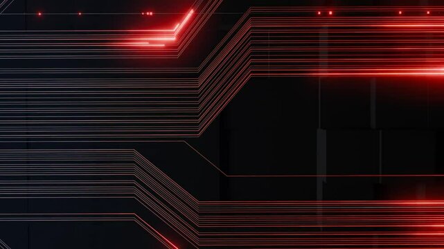 Futuristic glowing red lines forming dynamic circuit patterns on a dark background. Abstract technology and digital data flow concept. Design for banner, header, wallpaper, and poster vertical