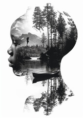 Double Exposure Vector of Bald Black Woman with Nature Elements