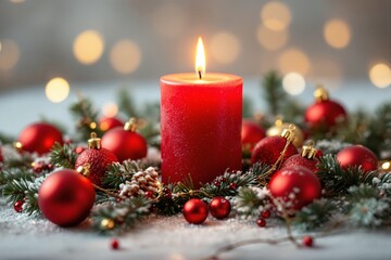 Red candle lit, surrounded by red Christmas ornaments, pinecones, and greenery with snowy accents on a festive blurred background. Holiday concept. Ai generative