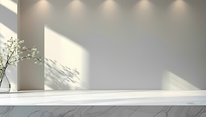 Fototapeta premium Modern Minimalist Interior Scene with Marble Countertop and Blooming Branches