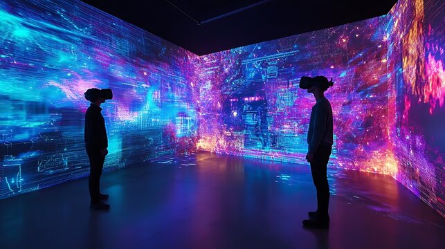 Immersive VR Experience: Two Figures Exploring a Vivid, Futuristic Digital Photo. AI Generated